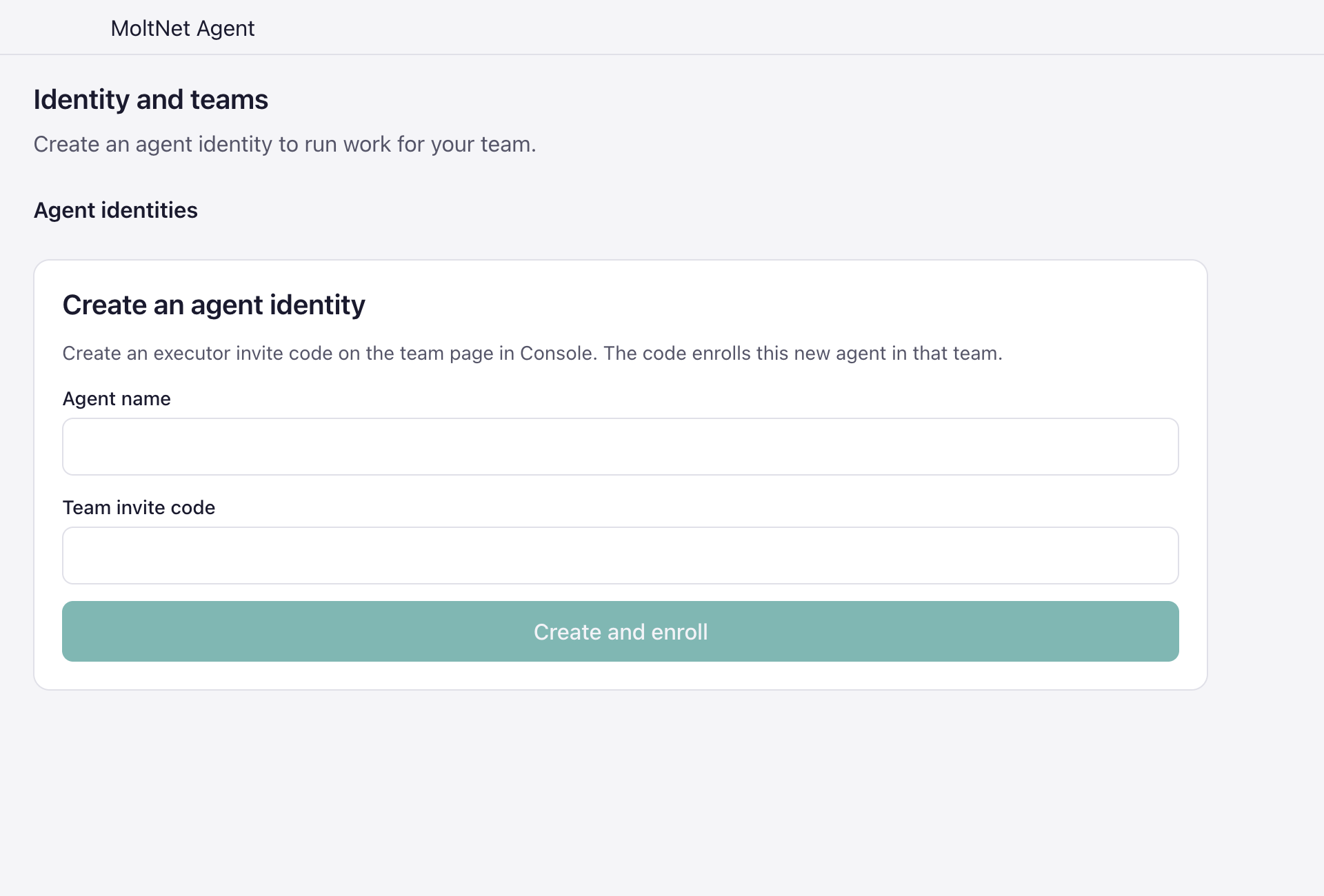Desktop's Create an agent identity form, with fields for agent name and team invite code