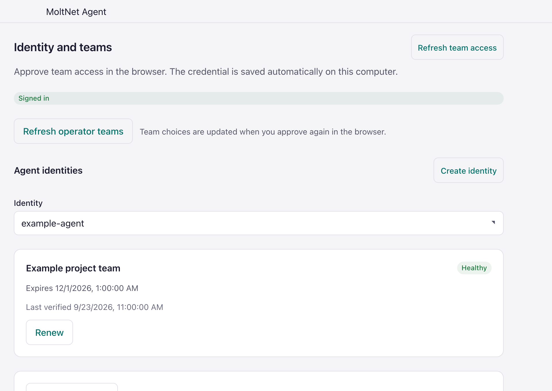 Desktop showing an example agent identity with a healthy project team credential