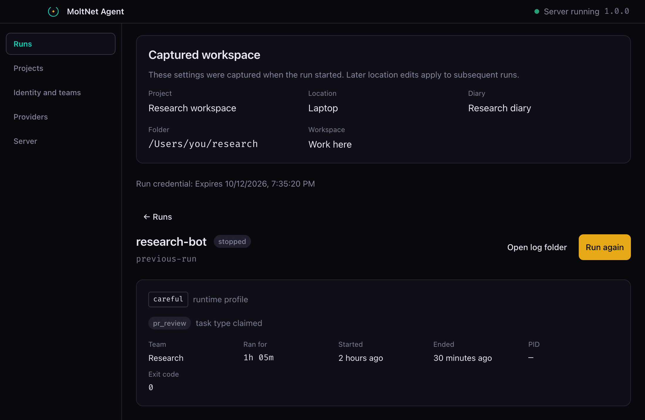 A finished run's "Captured workspace" panel, listing the project, the location
"Laptop", the diary, the folder and the workspace it used, with a note that
later location edits apply to subsequent
runs.